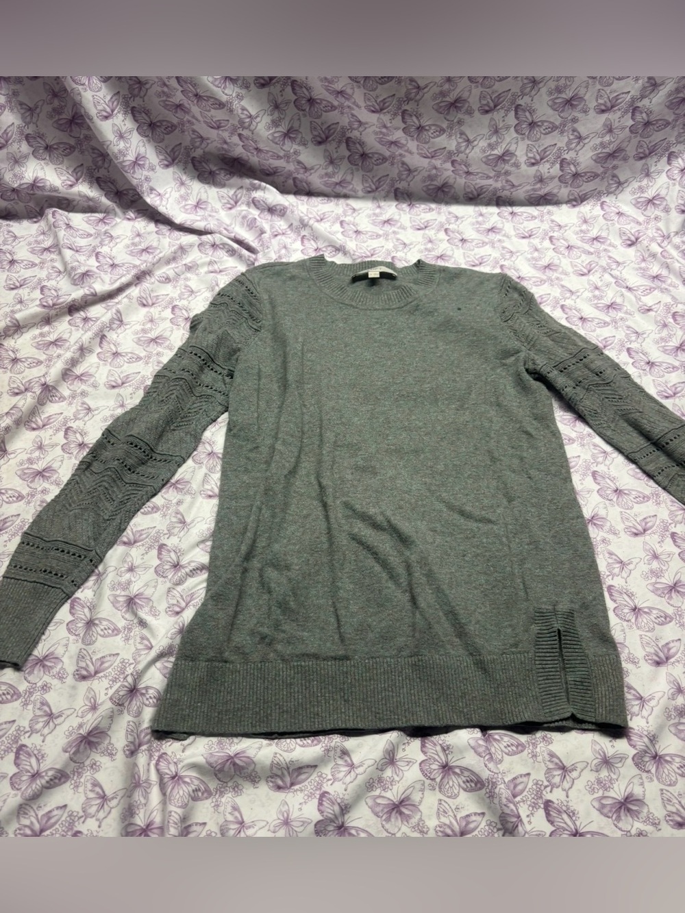 ⚛️LOFT Crewneck Light Knit Sweater with Lace-Stitch Sleeves
